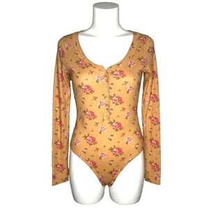Intimately Free People Dylan Thermal Floral Rose Henley Bodysuit Women's Small